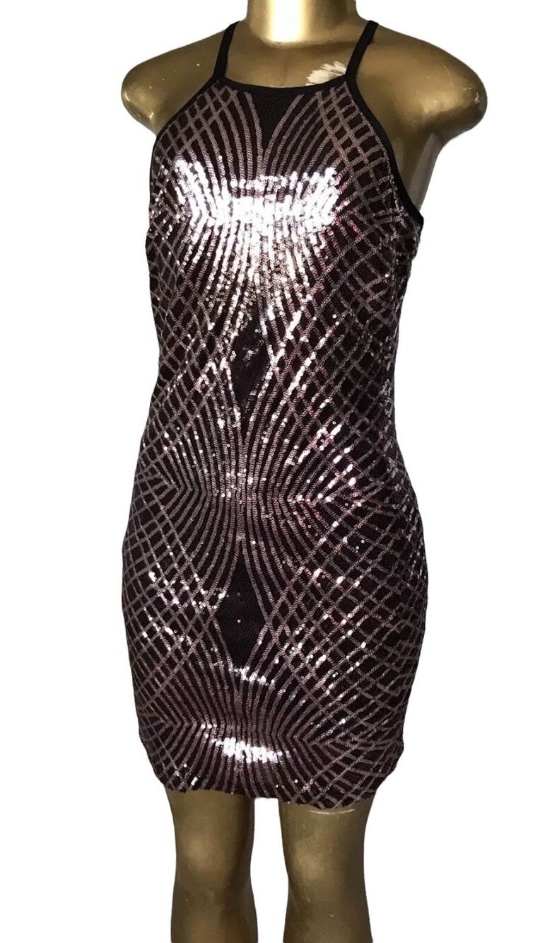 Star Vixen Sequin Dress Womens Size 7 Black Pink Halter Bodycon Mini Party